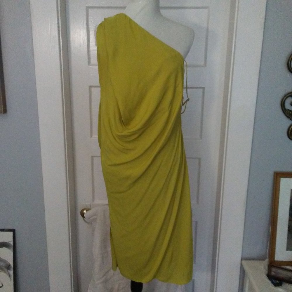Max Azria Acid Green Faux Wrap Chiffon Dress FAM6L772 Size Large Gorgeous!!!
